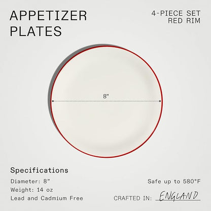 Made In Cookware - Set of 4 - Appetizer Plates - White With Red Rim - Porcelain England