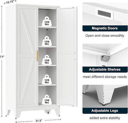 71" Tall Metal Storage Cabinet with 2 Doors and 4 Adjustable Shelves, 5-Tier Kitchen Pantry Storage Cabinet for Kitchen, Living Room, Dining Room and Office, White