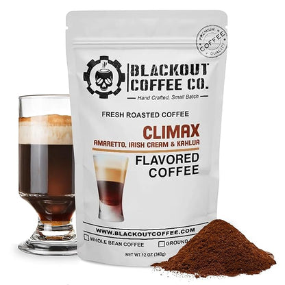 Blackout Coffee Climax Amaretto, Irish Cream & Kahlua Flavored Ground Coffee – Medium Roast, Smooth Taste, Guilt-Free Indulgence – Freshly Roasted 12oz Bag, American Made