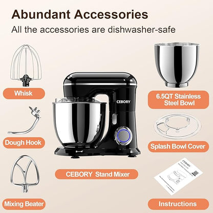 3-IN-1 Electric Stand Mixer, 6.5QT Bowl 660W 10-Speed Kitchen Mixer, Household Food Mixers include Dough Hook, Beater and Whisk, Bread Cake Mixer for Baking and Most Home Cooks, Black