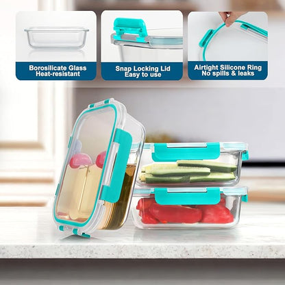 BAYZZ 10 Pack Glass Meal Prep Containers, Glass Food Storage Containers with Lids, Airtight Lunch Box, Freezer,Oven,Microwave and Dishwasher Safe,Green