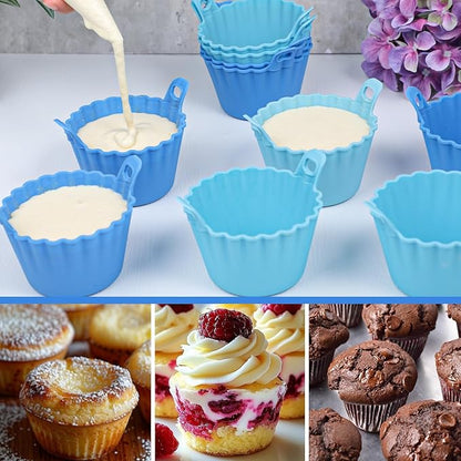 Koluti Nonstick Silicone Muffin Baking Cups Pack of 12, Reusable Cupcake Molds with Double Handle, BPA Free, Mini Round Air Fryer Cupcakes Liner, 3 Colors