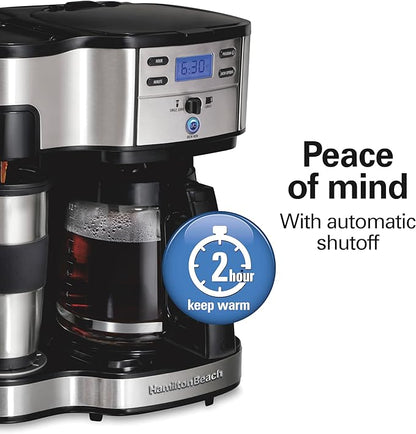 Hamilton Beach 2-Way Programmable Coffee Maker, 12 Cup Glass Carafe And Single Serve Coffee Maker, Black with Stainless Steel Accents, 49980RG