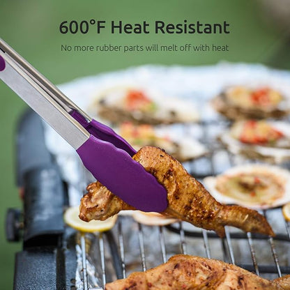 U-Taste Kitchen Tongs, 7/9/12 inches Cooking Tongs, with 600ºF High Heat-Resistant Non-Stick Silicone Tips, 18/8 Stainless Steel Handle, for Food Grill, Salad, BBQ, Frying, Serving, Pack of 3(Purple)
