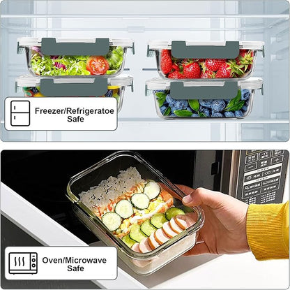 VERONES 10 Pack 22 OZ Glass Meal Prep Containers, Airtight Glass Lunch Containers Set, Glass Food Storage Containers with Lids,Exclusive of BPA, for Microwave, Oven, Freezer & Dishwasher Friendly,Grey