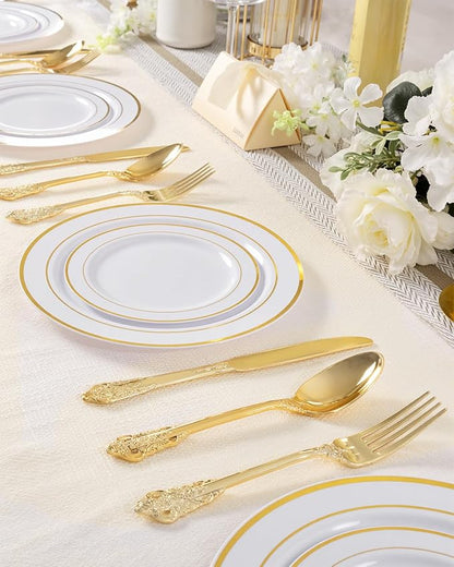 bUCLA 150PCS Gold Plastic Silverware Disposable - Heavy Duty Plastic Cutlery - Gold Disposable Utensils Set - Include 50 Knives, 50 Forks, 50 Spoons for Party & Thanksgiving