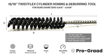 TwistFlex 15/16" 240SC Cylinder Hone, 0.9375” (23.8mm) Flexible Cylinder Honing & Deburring Tool for Hole Diameters 0.875"- 0.938“, 240 Grit Silicon Carbide, Pack of 1