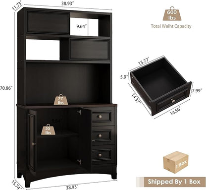 71" Black Pantry Cabinet with Charging Station, 4-Type Storage & Anti-Tip Design, Kitchen Cabinet with Sliding Door/Adjustable Shelves