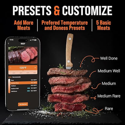Upgraded Smart Bluetooth Wireless Meat Thermometer with Ultra-Thin Probe, 6 Sensors Accuracy Digital Food Thermometer 0.5S Instant Read, IP67 Waterproof for BBQ, Grill, Smoker, Oven, Air Fryer