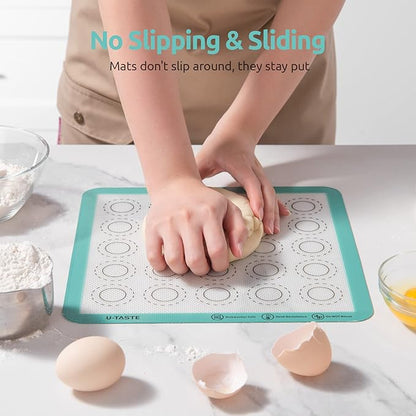 446ºF Heat Resistant Macaron Mat: U-Taste 11x11 Inch Non Stick Silicone Baking Mat, Reusable Cookies Pastry Sheet Liner with Edge Enhancement & Circle Measurement for Square Cake Pan (2 PCS, Aqua Sky)