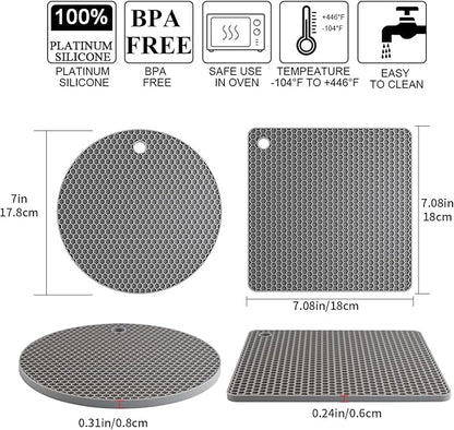 Silicone Trivet Mats, Silicone Pot Holders for Hot Pots and Pans, Heat Resistant Counter Mats for Tables, Countertops, Spoon Rest and Large Coasters, 4 Pack Gray Trivets for Hot Dishes