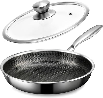 Stainless Steel Frying Pan with Lid, 8 Inch Honeycomb Non Stick Frying Pan, Small Stainless Steel Nonstick Pans W/Lid, Safe Nonstick Skillet Egg Omelete Pans, Oven Safe, Induction Compatible,PFOA Free