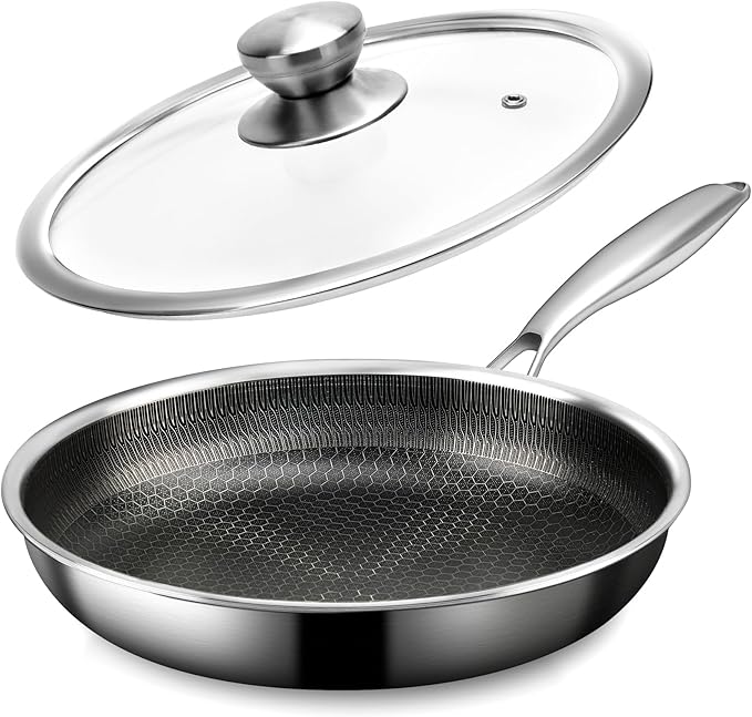 Stainless Steel Frying Pan with Lid - 9.5 Inch Nonstick Frying Pan with Lid, Honeycomb Stainless Steel Skillet Omelet Chef's Pan with Stay Cool Handle, Induction Compatible, PFOA Free