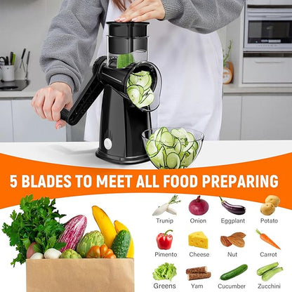 Rotary Cheese Grater Hand Crank with 5 Interchangeable Blades, Vegetable Chopper Spiralizer Slicer for Fruit Vegetable Nuts, Mandoline Slicer for Kitchen with Blades Rack & Suction Base, Black