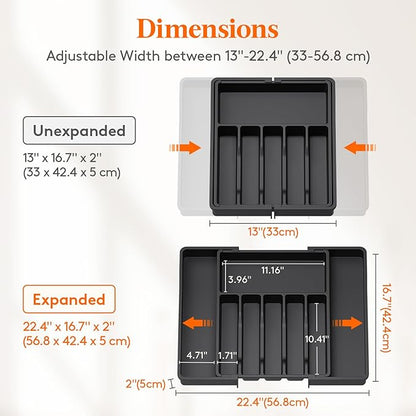 Lifewit Deep Silverware Drawer Organizer for Kitchen, Expandable Utensil Tray, Adjustable Flatware Cutlery Holder, Large Plastic Kitchen Storage for Spoons Forks Knives, 22.4 x 16.7 x 2 inches, Black