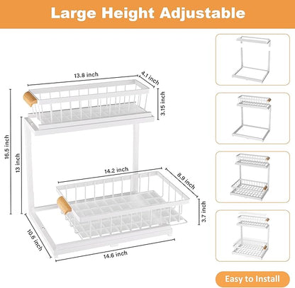 Under Sink Cabinet Organizer, 2-Tier Pull Out Storage Shelves, Adjustable Bathroom Kitchen Drawer (White, 2-Pack)