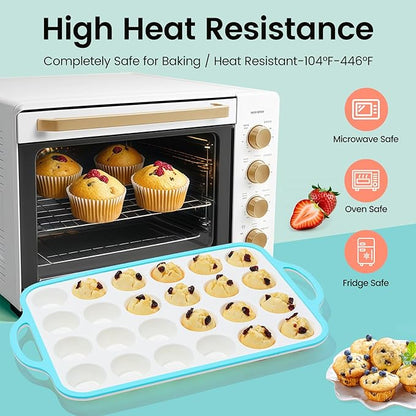 Silicone Mini Muffin Pan With Metal Reinforced Frame - 24 Cups Durable Silicone Cupcake Pan for Muffin, Cupcakes, BPA Free and Dishwasher Safe - 2 Piece Blue