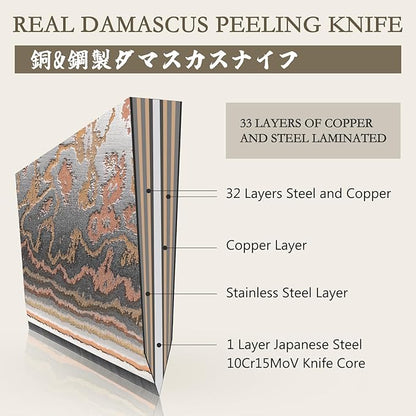 SHAN ZU Damascus Paring Knife 3.74 Inch, Japanese Paring Knives Copper & Damascus Steel High Carbon 33 Layer Hand Forged, Ultra Sharp Fruit Knife Carving Knives with Maple Wood Handle