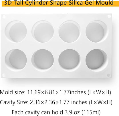 OCPO KITCHEN Tall Cylinder Silicone Molds for Mousse Cake, 3D Silicone Baking Mold for Brownie French Dessert Pastry Ice Cream Cake Decoration Mold, Cylinder Shape (8-cavity)
