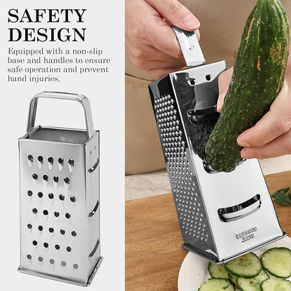 Stainless Steel Vegetable Grater, 4-Sided Portable Metal Grater, Cheese Grater with Handle for Kitchen (8inch)