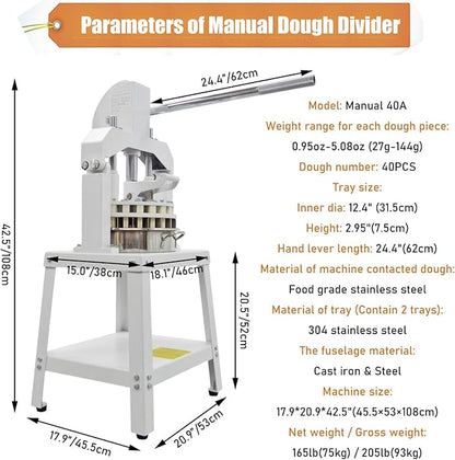 Commercial Dough Divider Manual 40PCS Dough Divider 0.95oz-5.08oz Heavy Duty Dough Cutter Machine with 27-144g Dough Weight Range for Baking, 40PCS