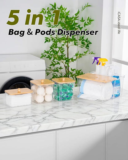 Trash Bag Dispenser Dryer Sheet Holder - 5 in 1 Plastic Garbage Bag Pantry Organizers and Storage, Clear Dishwasher Laundry Pods Container with Bamboo Lid, Under Sink Organizer Powder Detergent Jars