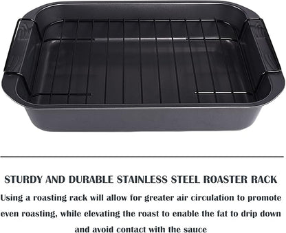 kitCom Bakeware Nonstick Roaster, Nonstick Roasting Pan with Rack, Great For Roast Chicken, Roasts And Turkeys - 15 Inch x 11 Inch (5.8 QT), Gray