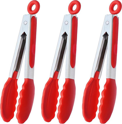 7-Inch Mini Silicone Tongs Small Serving Tongs for Appetizers, Set of 3 (Red)