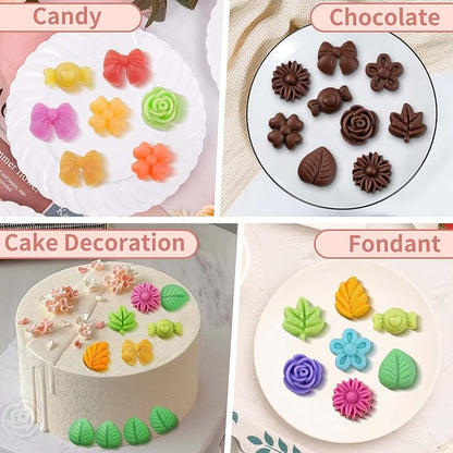 2 Pack Silicone Flower Candy Molds, Daisy Rose Tulip Floral Chocolate Molds with Flower Leaf & Bow Shapes for Baking, Soap, Jello, Ice Cubes, DIY Desserts and Crafts Making