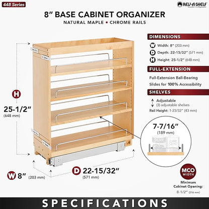 Rev-A-Shelf 8" Pullout Kitchen Cabinet Storage Organizer Slide Out Pantry Spice Rack with Adjustable Shelves for 8.5" W Cabinet Opening, 448-BC-8C