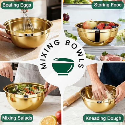 BEWOS 5PCS Mixing Bowls with Airtight Lids Set - 5 Stainless Steel Mixing Bowls, Dishwasher Safe, Ideal for Baking & Meal Prep, Stackable Design for Easy Storage