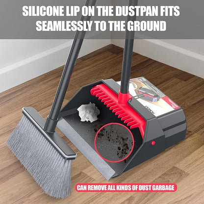 Broom with Dustpan Combo Set, Dust Pans with Long Handle, Brooms with Dustpan, Dust Pan Broom Kit for Home Kitchen & Yard Outside Sweeping(Gray&Red)