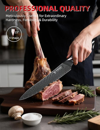 8 Inch Carving Knife, Slicing Knife - Black Damascus Steel with Ergonomic Handle - MIAO Series