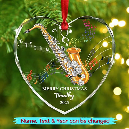 Unique Alto Saxophone Instrument Glass Christmas Ornament, Customized Year Text Name Alto Saxophone Player Ornaments Gift for Women Men Friends Besties, Personalized Musical Instrument Glass Ornament