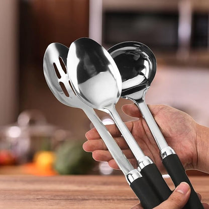 3-Piece Stainless Steel Cooking Utensils Set, Heavy Duty 18/0 14-in Large Serving Spoons Set, Slotted Spoon, Cooking Spoon & Soup Ladle, Kitchen Cooking Serving Utensils Set