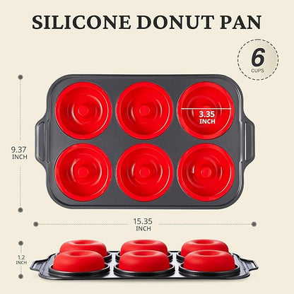 BRONYPRO Silicone Donut Pan for Baking with Metal Frame, 3.35 Inch Large doughnut pan,donut molds for baking Nonstick Non Toxic Bakeware for Oven, Red
