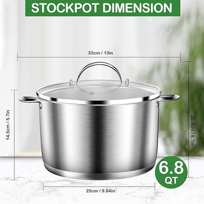 Cooking Pot, Stainless Steel Stock Pot, Soup Pot with Glass Lid, Induction Pots - 6.8 Quart