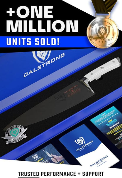 DALSTRONG Chef Knife - 8 inch Blade - Gladiator Series - Forged High Carbon German Steel - Razor Sharp Kitchen Knife - Professional Full Tang Knives - Glacial White Handle ABS - Sheath - NSF Certified