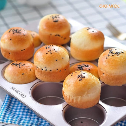 CHEFMADE Muffin Cake Pan, 12-Cavity Non-Stick Bristish Cupcake Pan Bakeware for Oven Baking (Champagne Gold)