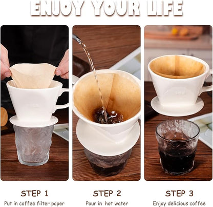 Pour Over Coffee Dripper, Ceramic Pour Over Coffee Maker with 3 Holes Flat Bottom, Easy Manual Brew Maker, Porcelain Slow Filter Cone for Travel, Camping, Office, Home, WH