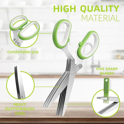 2025 Herb Scissors Set - Classic green 5-Blade Design with Cover and Comb - Skin-Friendly Handle for Comfortable Grip - Dishwasher Safe, Rust-Resistant Stainless Steel for Fresh Herbs