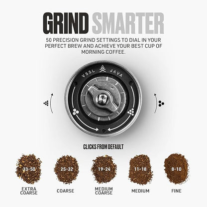 VSSL Java G45 Manual Coffee Grinder | Coffee for Camping | Bean Grinder | Travel Pour Over | Stainless Steel Conical Burr | ~ 45 Gram Capacity | Extendable Grind Handle | 50 Grind Settings | Black