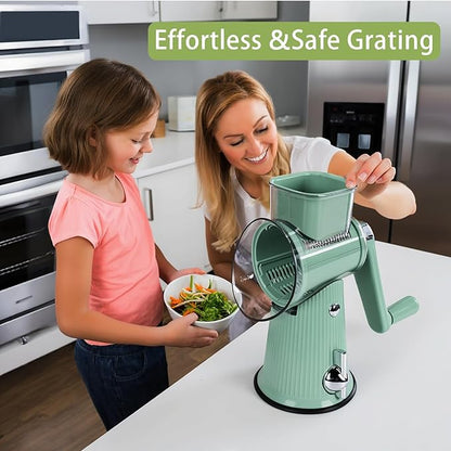 5 in 1 Rotary Cheese Grater Vegetable Slicer - Drum Mandoline Chopper for Kitchen, Easy to Clean with Storage Container