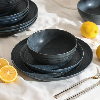 Stone Lain Elio 12-Piece Dinnerware Set Stoneware, Plates and Bowls Set, Dish Set for 4, Blue