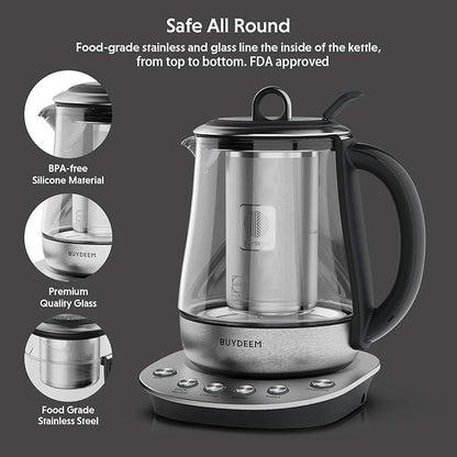 BUYDEEM K2423 Tea Maker, 316 Stainless Steel & Heat Resistant DURAN Glass Electric Kettle, 5 Temperature Settings, Removable Infuser, Auto Keep Warm, 1.2L