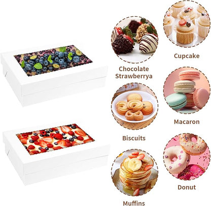 16pcs 14x10x4 inch Cake Boxes with Window，White Rectangle Sheet Large Bakery Boxes for Pastry Dessert Cake, Cupcakes Donuts Cookies Pie Treat Packaging