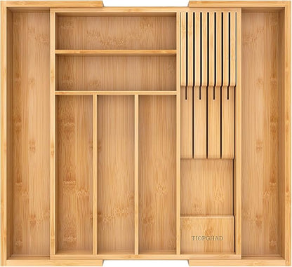Bamboo-Silverware-Drawer-Organizer-Kitchen, Expandable Utensil Holder Cutlery Tray Flatware Organization Adjustable Wood Tableware Dividers Storage (with Removable Knife Block)(Natural)