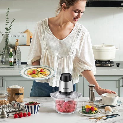 Homeleader Electric Food Chopper, 300W Stainless Steel Blade, Food Processor with 2L Glass Bowl, 2S Fast Shredding for Meat, Vegetables, Fruits and Nuts, Dishwasher Safe, Quiet Motor with 4 Blades