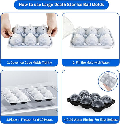 6 Chamber 2.34" 3D Death Star Ball Ice Cube Tray With Funnel,Large Round Ice Ball Molds Silicone Fun Shapes Whiskey Circle Ice Tray,For Chilling Whiskey,Cocktails,Bourbon,Brandy and Beverages
