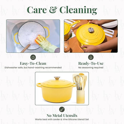Larder & Vine Enameled Cast Iron 5.7qt Dutch Oven Pot with Lid | Bread Baking | Compatible on All Cooktops & Oven Safe to 500° F | Great for Sourdough Bread | Limoncello